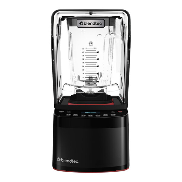 A black and clear countertop blender with a sound enclosure and a large transparent blending jar, featuring a digital control panel at the base.