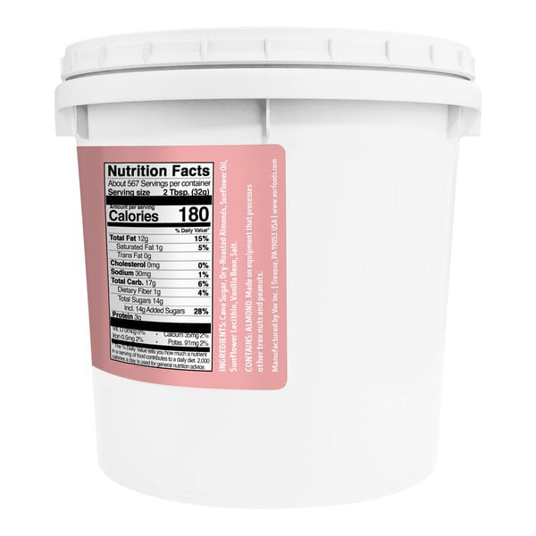 A large white plastic pail with a pink nutrition facts label on the side.