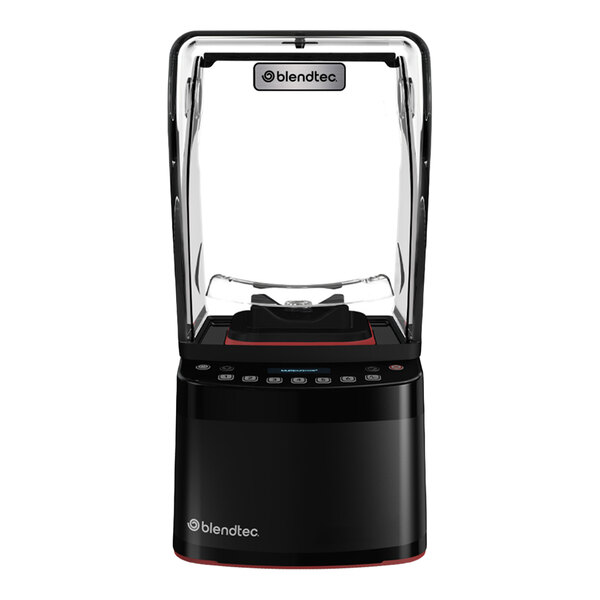 A black blender with a transparent sound enclosure and a digital control panel, viewed from the front.