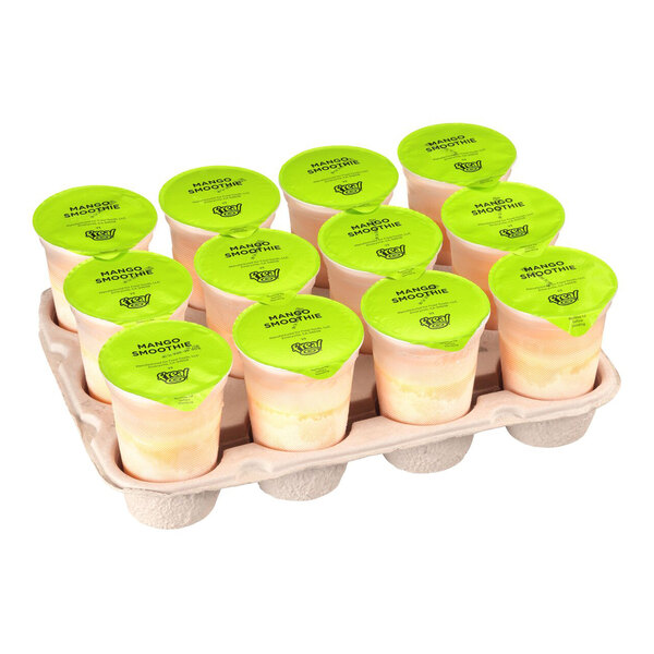 A tray holding twelve cups with green lids labeled 'Mango Smoothie.'