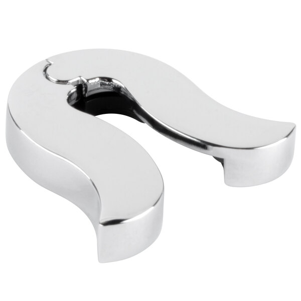 A shiny, chrome-plated, horseshoe-shaped object with a curved design and a small hinge on one side.