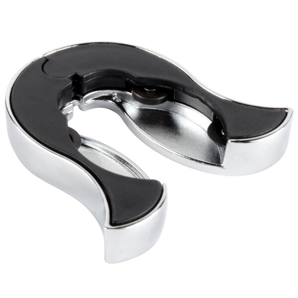 A chrome and black, curved, handheld tool with a circular opening and internal blades, designed for cutting foil on wine bottles.