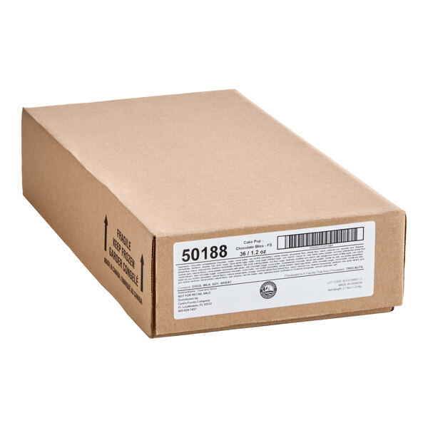 A plain brown cardboard box with a white product label on the side.