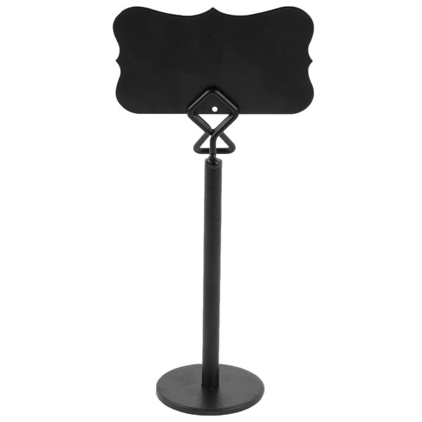 A black metal card or menu holder with a decorative sign on top, supported by a round base.