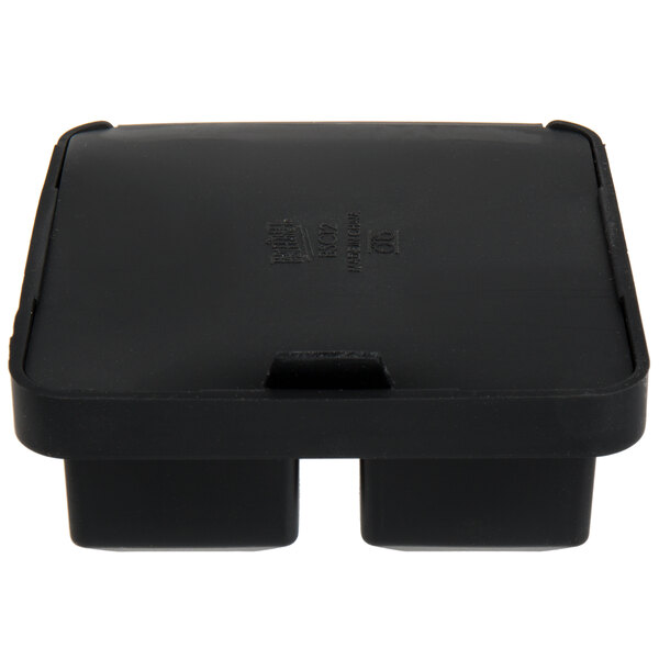 A black silicone ice cube mold with a fitted lid, featuring four compartments.
