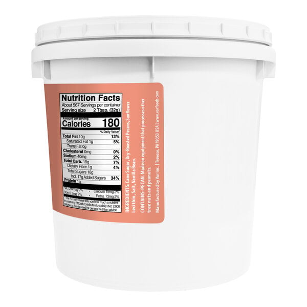 A large white plastic pail with a white lid and a nutrition facts label on the side.