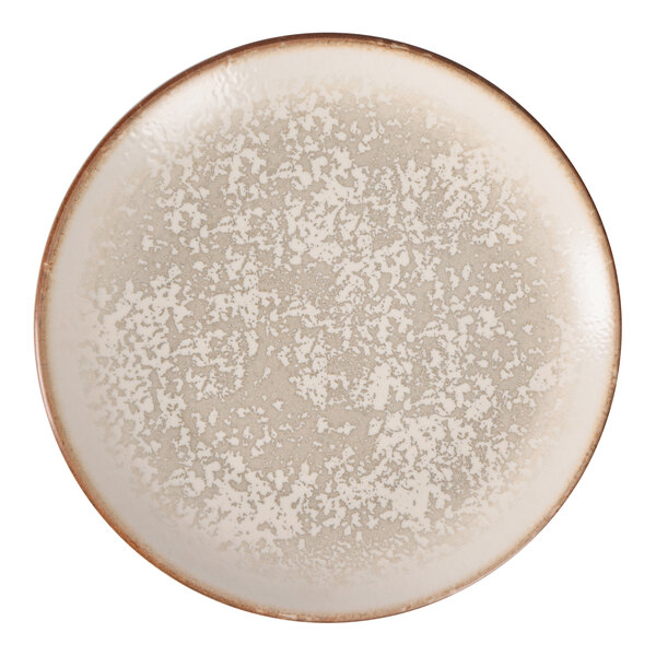 Oneida Cortado by 1880 Hospitality 6 11/16" Beige / Brown Round Fine Porcelain Coupe Flat Plate - 36/Case