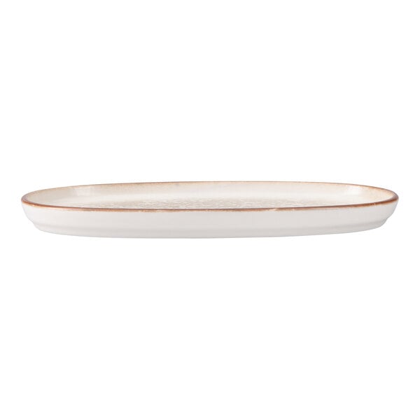 Oneida Cortado by 1880 Hospitality 11 13/16" x 6" Beige / Brown Oval Fine Porcelain Platter - 6/Case