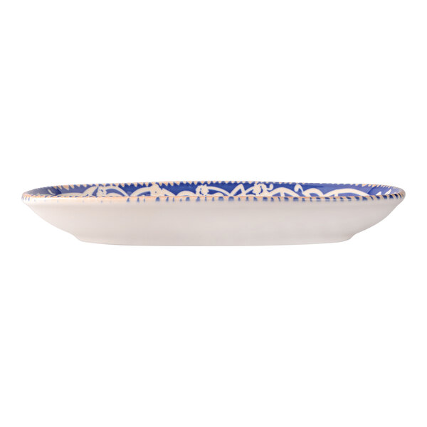 Oneida Passport by 1880 Hospitality 9 13/16" x 5 5/8" Blue / Cream Oval Fine Porcelain Platter - 6/Case