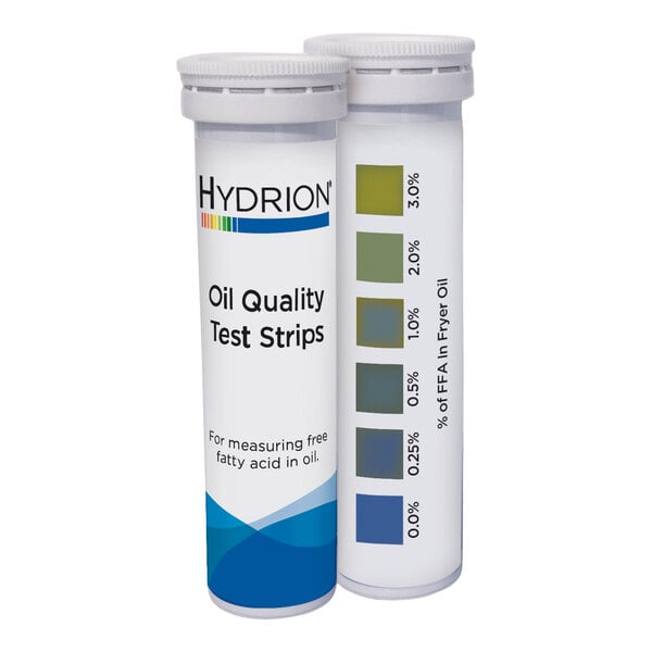 Two cylindrical containers labeled 'Hydrion Oil Quality Test Strips' are shown, with one displaying a color chart for measuring free fatty acid levels in oil.