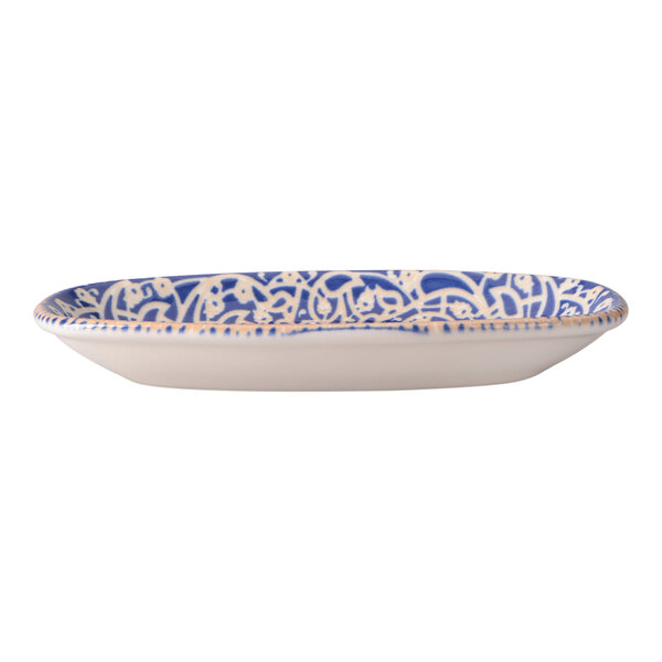 Oneida Passport by 1880 Hospitality 6 5/16" x 3 5/8" Blue / Cream Oval Fine Porcelain Platter - 18/Case