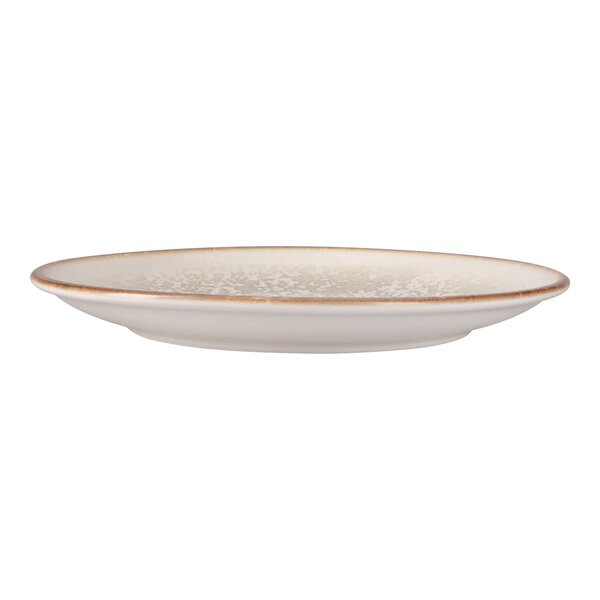 Oneida Cortado by 1880 Hospitality 8 5/16" Beige / Brown Round Fine Porcelain Coupe Flat Plate - 6/Case