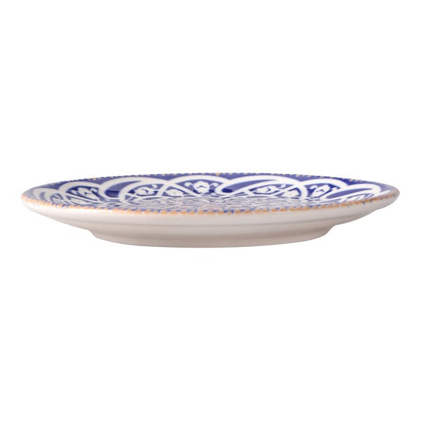 Oneida Passport by 1880 Hospitality 8 5/16" Blue / Cream Round Fine Porcelain Coupe Flat Plate - 6/Case