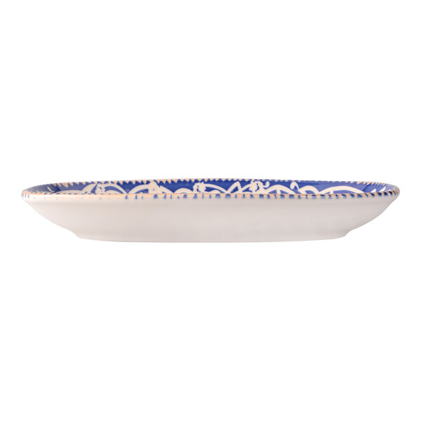 Oneida Passport by 1880 Hospitality 11 13/16" x 6 5/8" Blue / Cream Oval Fine Porcelain Platter - 6/Case