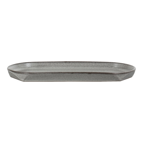 A gray, oval-shaped plate with slightly raised edges and a smooth, matte finish.