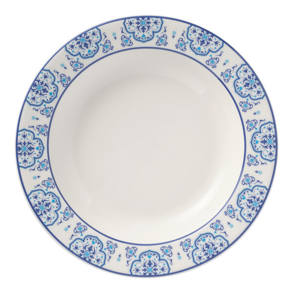 Libbey Lisbon 14 oz. White Stackable Deep Porcelain Soup Bowl with Blue / White Patterned Rim - 12/Case