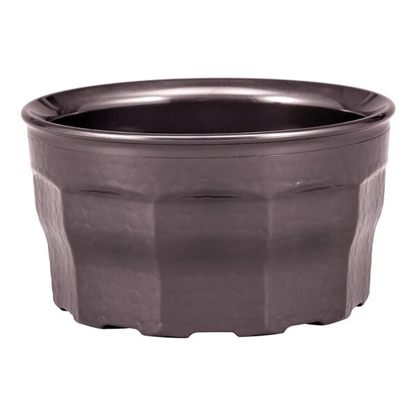 A small, round, dark-colored bowl with a faceted exterior and smooth rim, made of plastic.