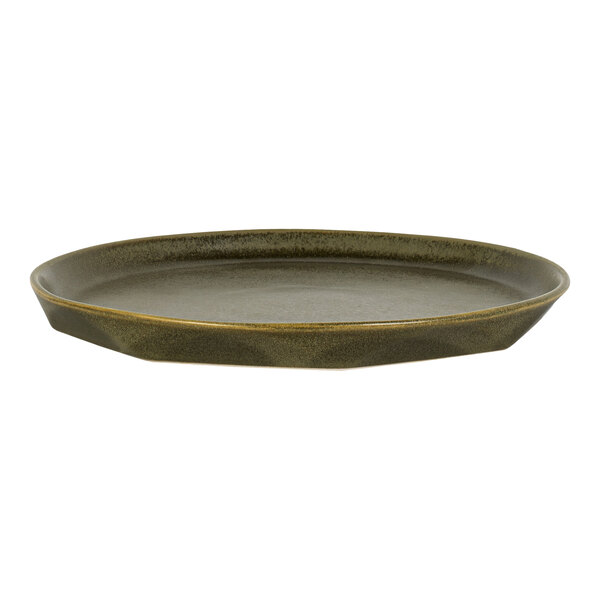 A round, shallow, dark-colored plate with a slightly raised edge and a matte finish.