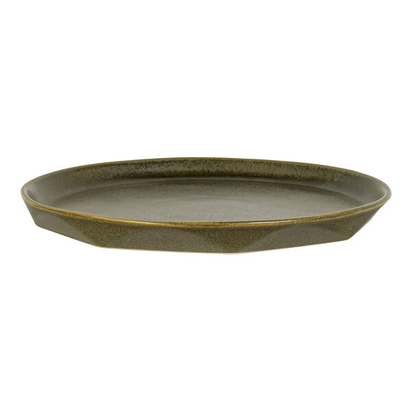 A round, shallow, grayish-green plate with a slightly raised edge and a faceted design on the sides.