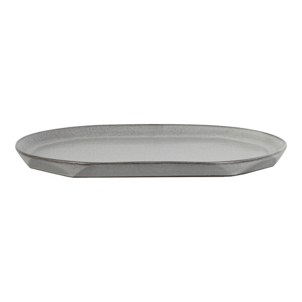 A gray, oval-shaped platter with slightly raised edges and a smooth surface.