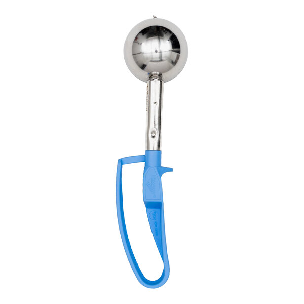A metal scoop with a round bowl and a blue squeeze handle.