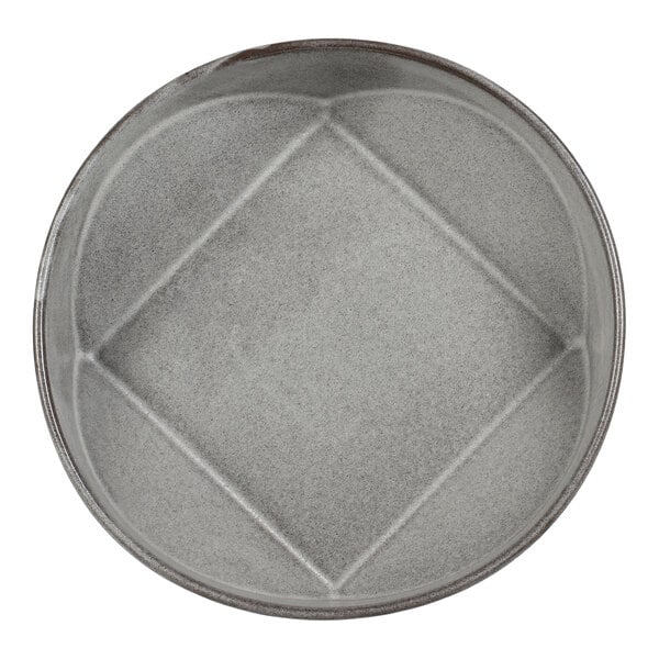 A round, gray bowl with a subtle square pattern in the center.