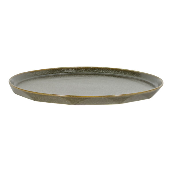 A round, shallow, gray platter with a slightly raised edge and a smooth, matte finish.