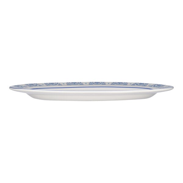 Libbey Lisbon 11 1/2" x 8 3/8" White Stackable Porcelain Oval Platter with Blue / White Patterned Rim - 12/Case