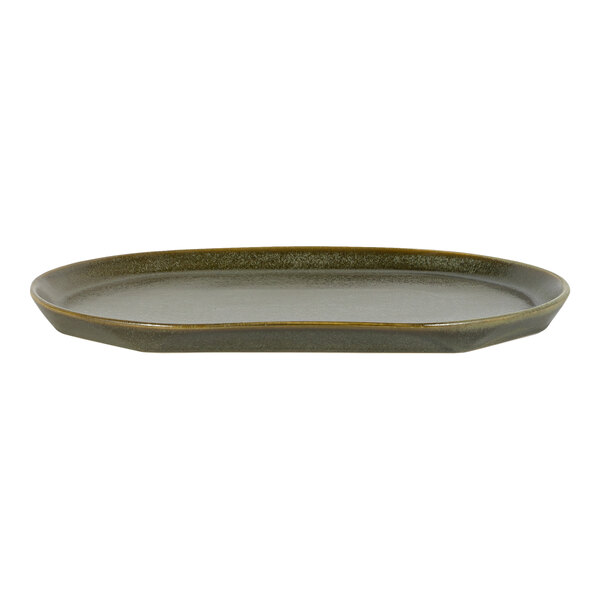 A dark, oval-shaped ceramic platter with slightly raised edges, shown from the side.