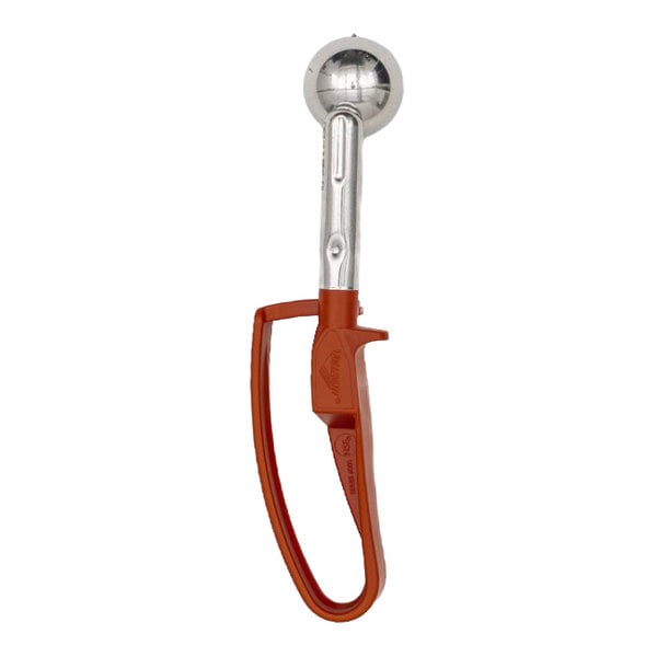 A metal scoop with a round bowl and an extended orange squeeze handle.