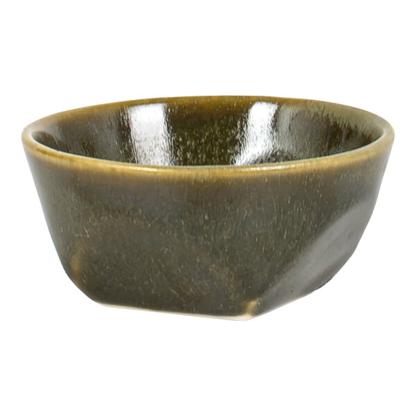 A small, round, dark-colored ceramic bowl with a glossy finish.