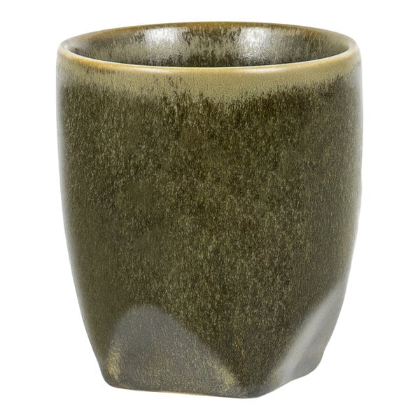 A greenish-brown ceramic cup with a slightly irregular, rounded square shape and a smooth, glossy finish.