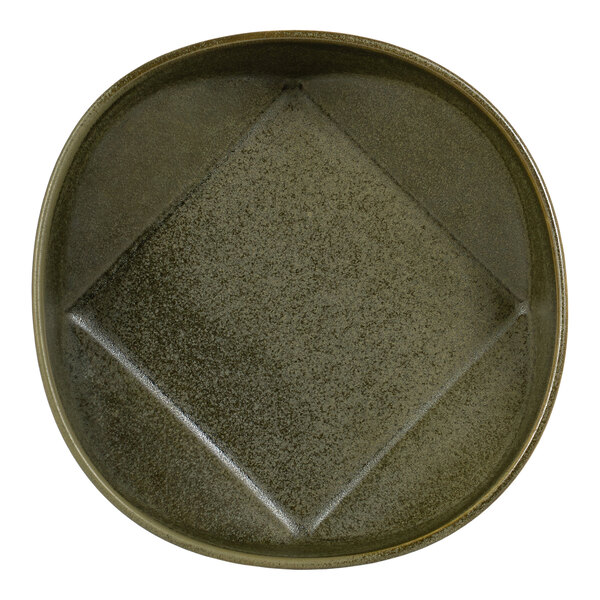 A round, shallow bowl with a textured, speckled gray surface and a subtle square pattern in the center.
