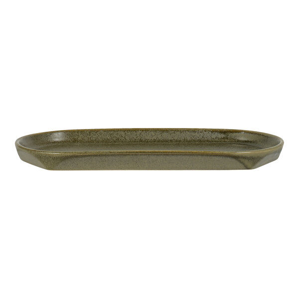 A shallow, oval-shaped plate with a smooth, matte, grayish-green finish.