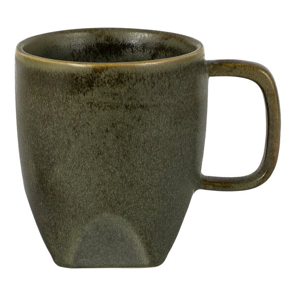 A dark greenish-gray ceramic mug with a square handle and a slightly tapered base.