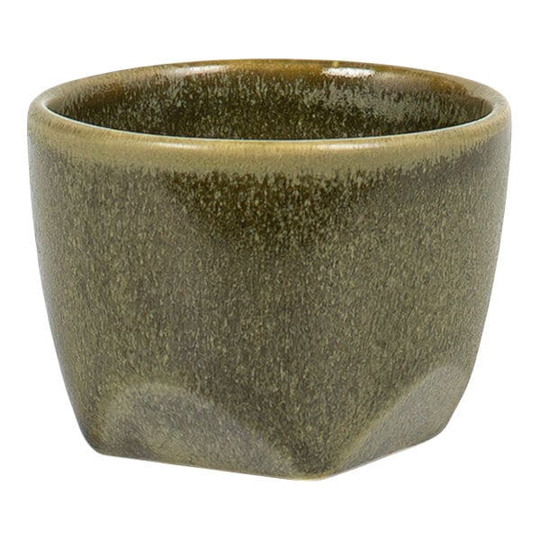 A small, round, olive-green ceramic cup with a slightly textured surface and a glossy finish.