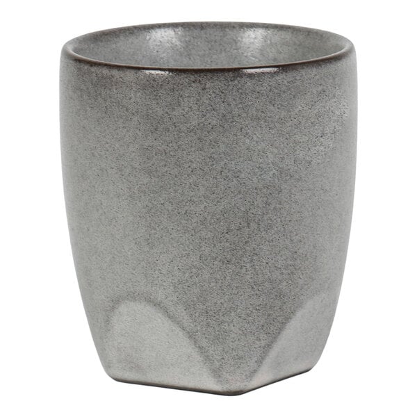 A gray, matte-finished cup with a slightly tapered cylindrical shape and rounded edges.