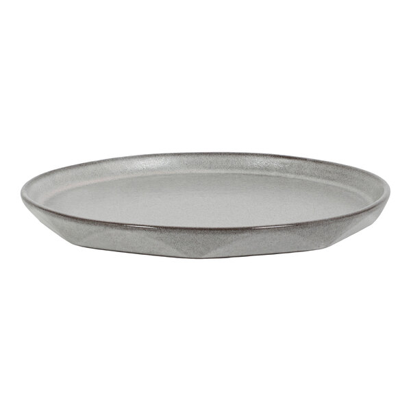 A round, shallow, gray plate with a slightly raised rim and a smooth finish.