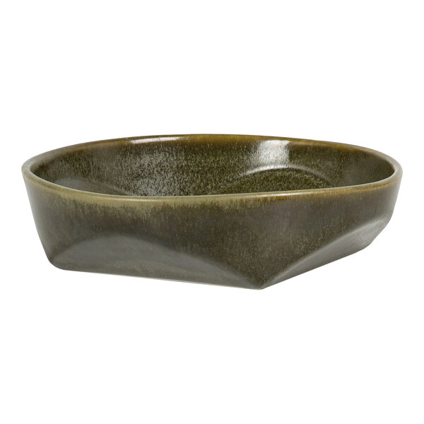 A dark green, irregularly shaped porcelain bowl with a glossy finish.