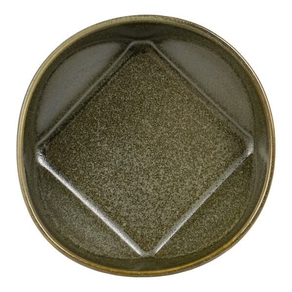 A round, speckled bowl with a raised square pattern in the center and an earthy, grayish-brown color.