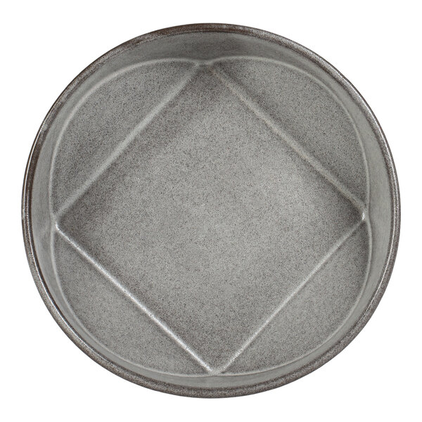 A round, gray bowl with a subtle speckled texture and a raised square pattern in the center.