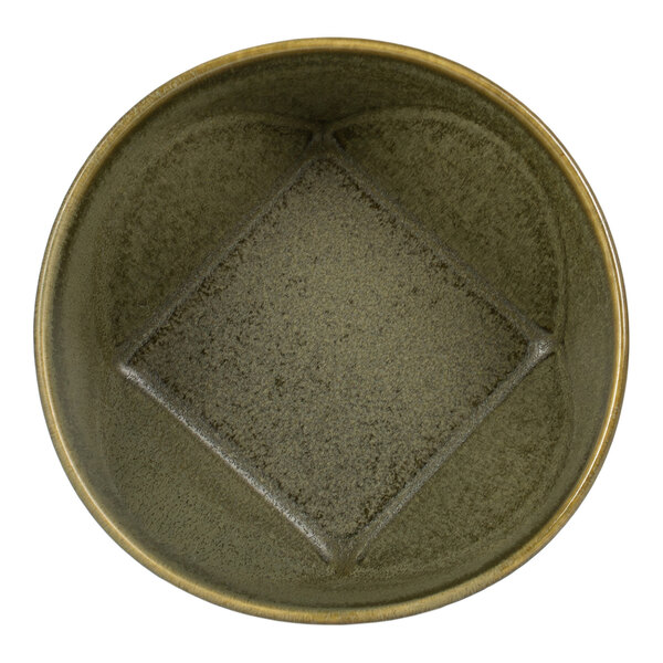 A round, textured bowl with a raised square pattern in the center and an earthy, greenish-brown color.
