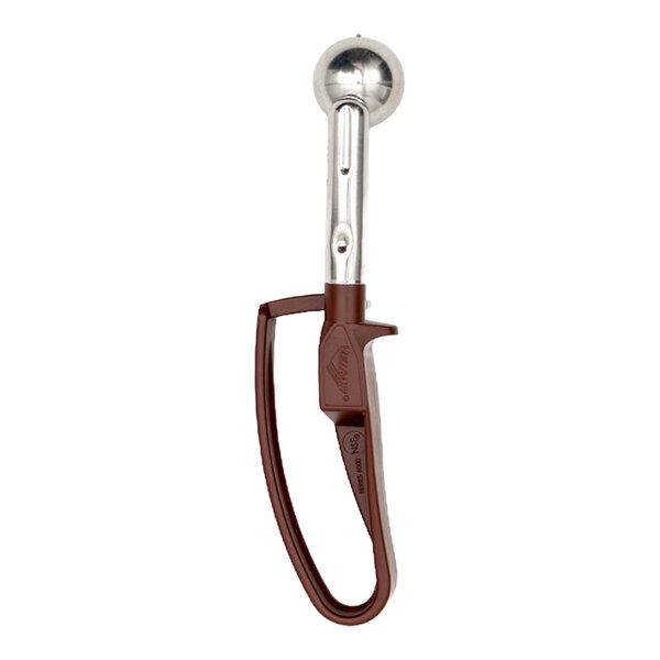 A metal scoop with a round bowl and a brown extended handle featuring a squeeze mechanism.