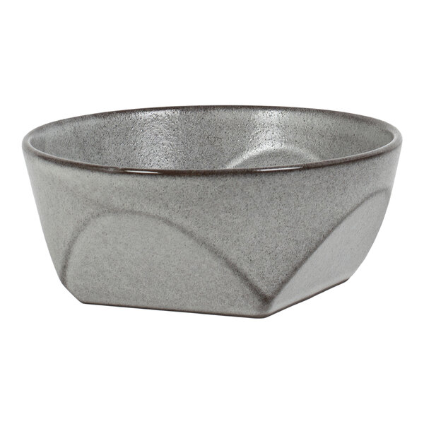 A gray, square-shaped porcelain bowl with rounded edges and a subtle textured pattern.