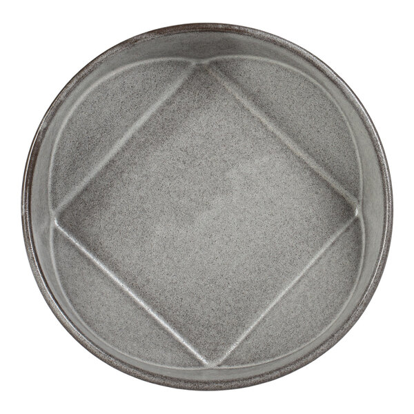 A round, gray bowl with a subtle speckled texture and a raised square pattern in the center.