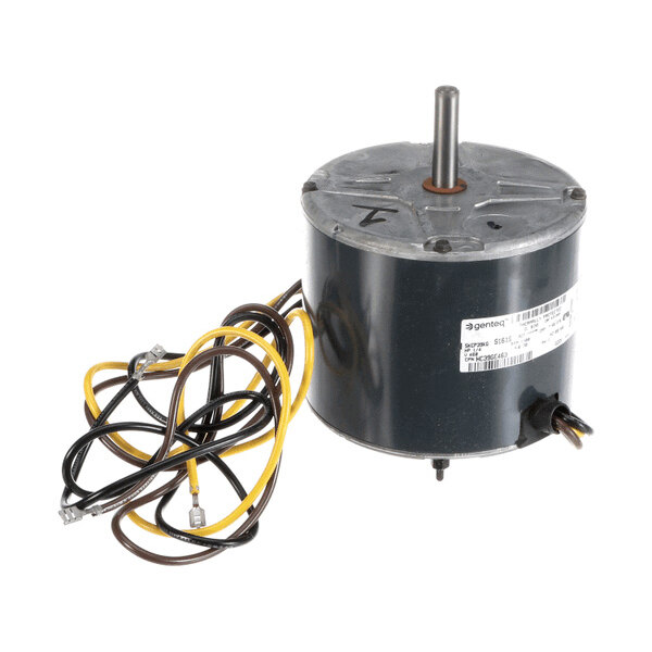 A cylindrical electric motor with a protruding shaft and attached wires, shown against a white background.