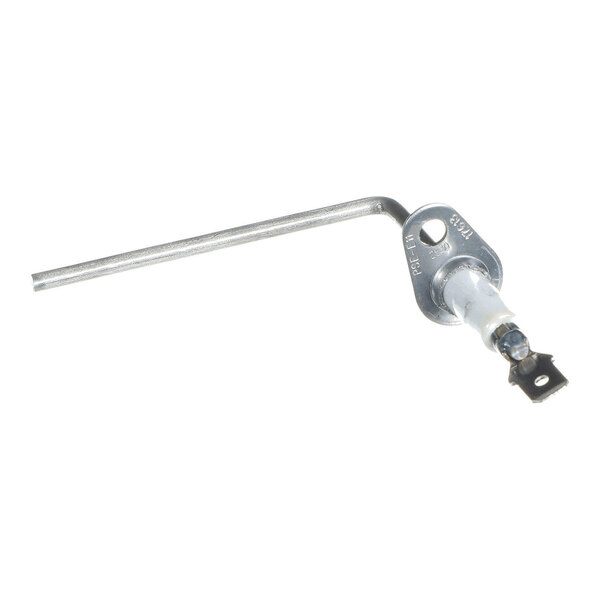 A metal rod with a ceramic base and mounting bracket, likely a flame sensor for a gas appliance.