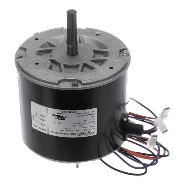 A cylindrical electric motor with a central shaft, mounting holes on the top, a label on the side, and several colored wires with connectors extending from the base.