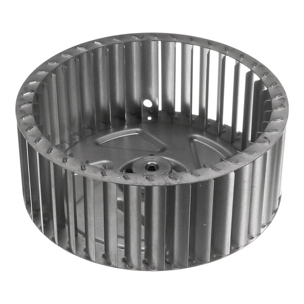 A round metal blower wheel with evenly spaced vertical blades and a central mounting hole.