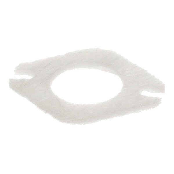 A thin, white, fibrous gasket with a central circular opening and two notched ends.